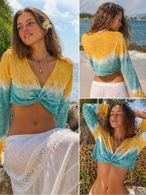 Earthbound Womens XL Yellow & Teal Tie-Dye Lightweight Knit Cropped Sweater